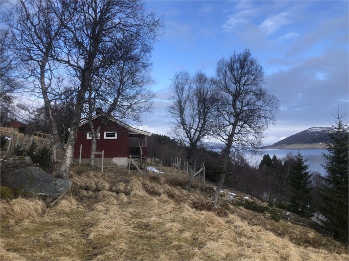 Liten rød hytte i skråning med utsikt mot fjorden